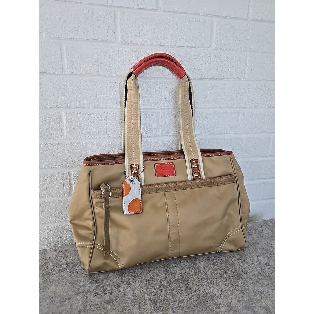 Coach 10663 Beige Orange Satin Nylon Shoulder Bag Tote